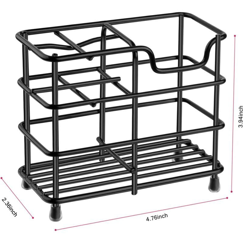 Rubber non slip pads on the base of the black stainless steel toothbrush holder