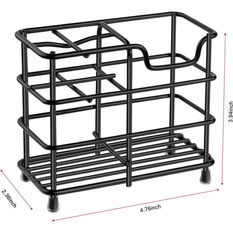 Rubber non slip pads on the base of the black stainless steel toothbrush holder