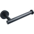Matte black stainless steel toilet paper holder mounted on a wall