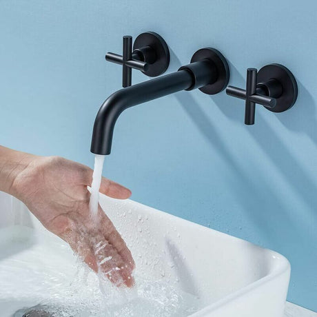 Wall mounted double handle basin mixer tap in matte black