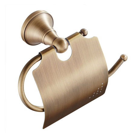 Retro brass toilet paper holder with hinged lid in an antique bronze finish