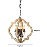 4 Light wood and iron pendant light, hanging over dining table