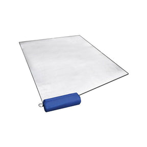 Langdale aluminium foil picnic mat 200 x 150cm rolled beside its storage bag showing reflective foil lining