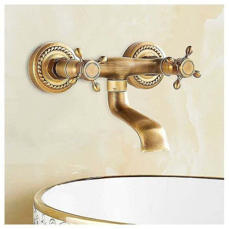 Antique copper vintage wall mounted kitchen tap with twin handles