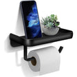 Black anodised aluminium toilet paper holder with a flat top storage shelf
