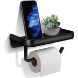 Black anodised aluminium toilet paper holder with a flat top storage shelf