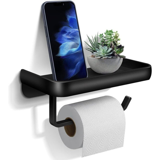 Black anodised aluminium toilet paper holder with a flat top storage shelf