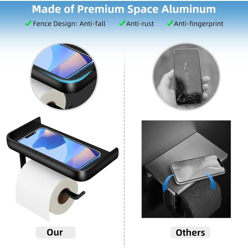 Wall mounted black roll holder with a phone resting on the top shelf