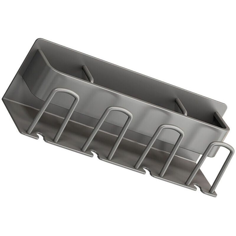 Four cups stored upside down in the grey wall mounted toothbrush holder to drain