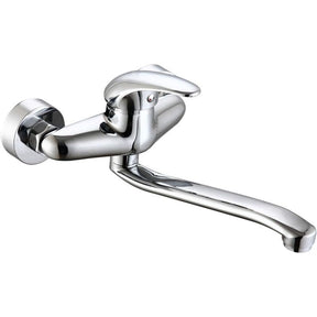Silver wall mounted kitchen mixer tap with low spout