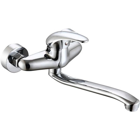 Silver wall mounted kitchen mixer tap with low spout