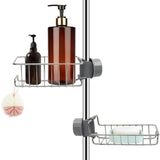 Stainless steel shower caddy holders mounted on a round shower rod, no drilling required
