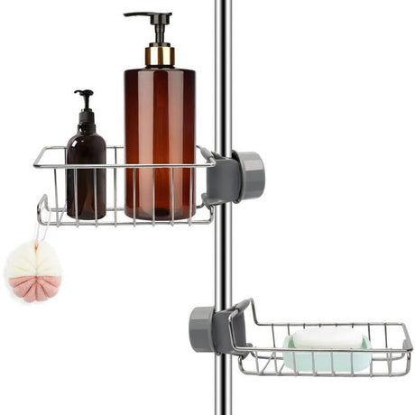 Stainless steel shower caddy holders mounted on a round shower rod, no drilling required