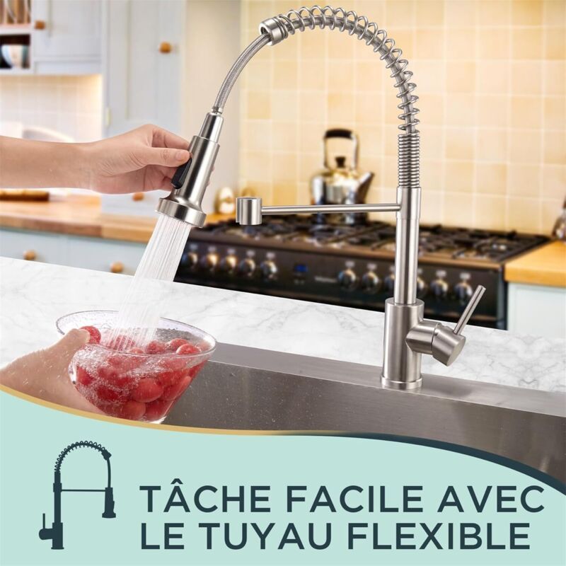 Stainless steel kitchen mixer tap with pull down sprayer
