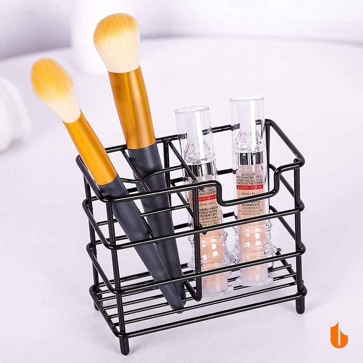 Dimension diagram of the black toothbrush holder at 12.2 by 6 by 10.5 cm