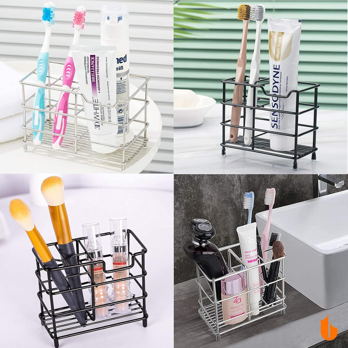 Black stainless steel toothbrush stand holding a razor and comb beside a basin