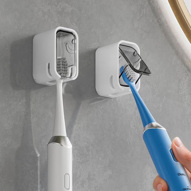 Pack of two single slot wall mounted toothbrush holders with covers