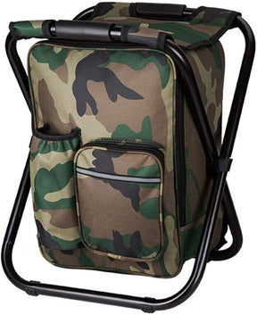 Camouflage folding camp chair with aluminium frame set up outdoors