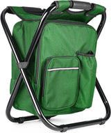 Military green folding camp chair with integrated fishing rod holder