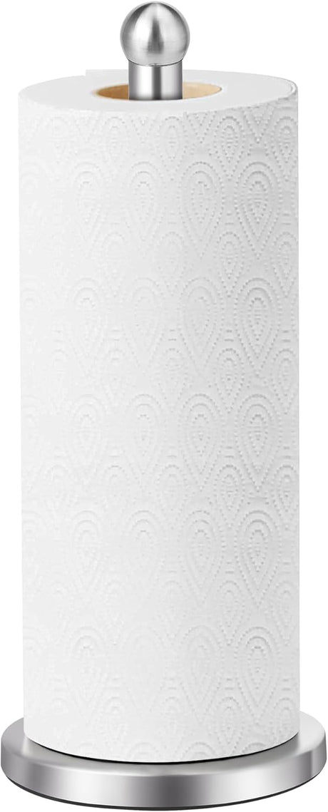 Freestanding silver stainless steel paper towel holder with round weighted base