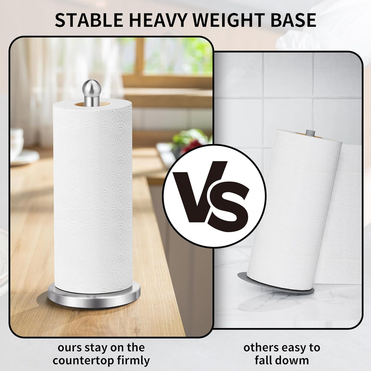 Close view of the weighted round base of the stainless steel towel holder