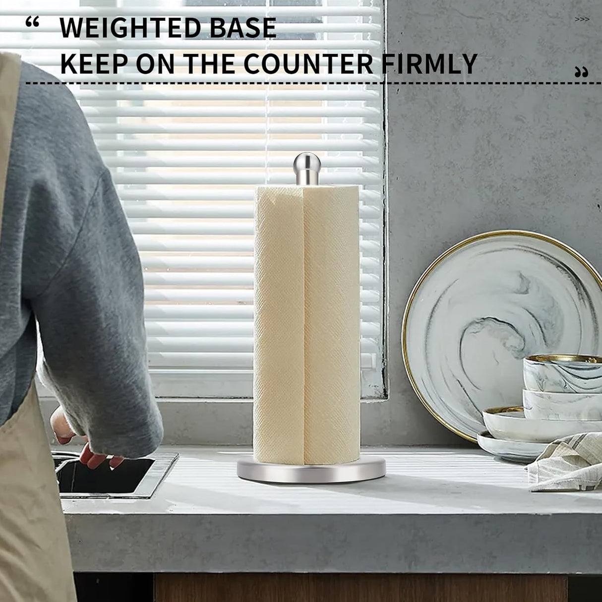 Dimension view of the silver countertop paper towel holder and post