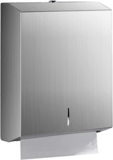 Wall mounted stainless steel paper towel dispenser with polished front panel and viewing window