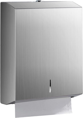 Wall mounted stainless steel paper towel dispenser with polished front panel and viewing window
