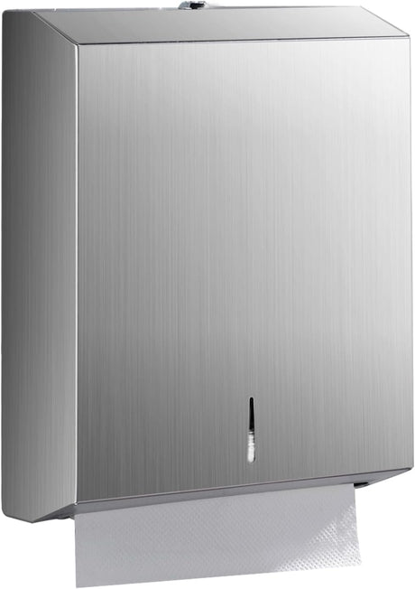 Wall mounted stainless steel paper towel dispenser with polished front panel and viewing window