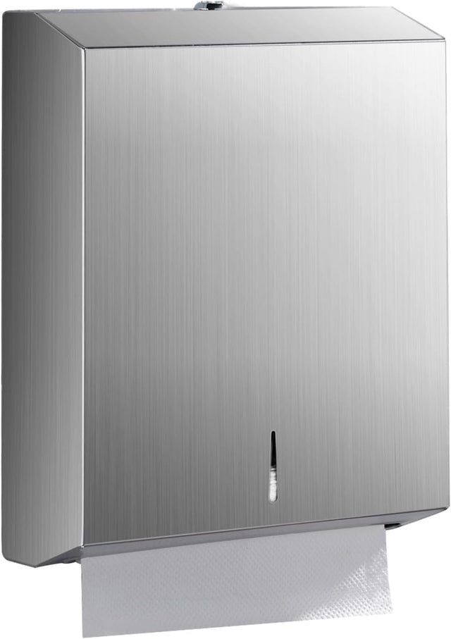 Wall mounted stainless steel paper towel dispenser with polished front panel and viewing window