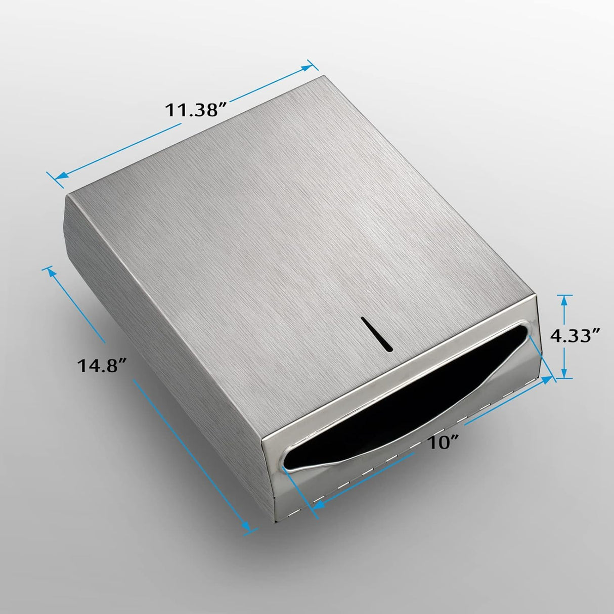 Angled view of stainless steel paper towel dispenser showing curved dispensing outlet