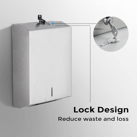 Paper towel dispenser opened to show internal capacity for folded paper towels