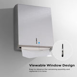 Hand pulling a folded paper towel from the curved outlet of the wall mounted dispenser