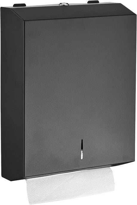 Black wall mounted paper towel dispenser with viewing window on the front panel