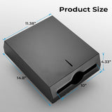 Angled view of black paper towel dispenser showing curved dispensing outlet