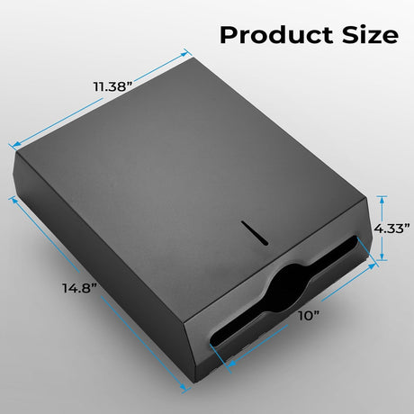 Angled view of black paper towel dispenser showing curved dispensing outlet
