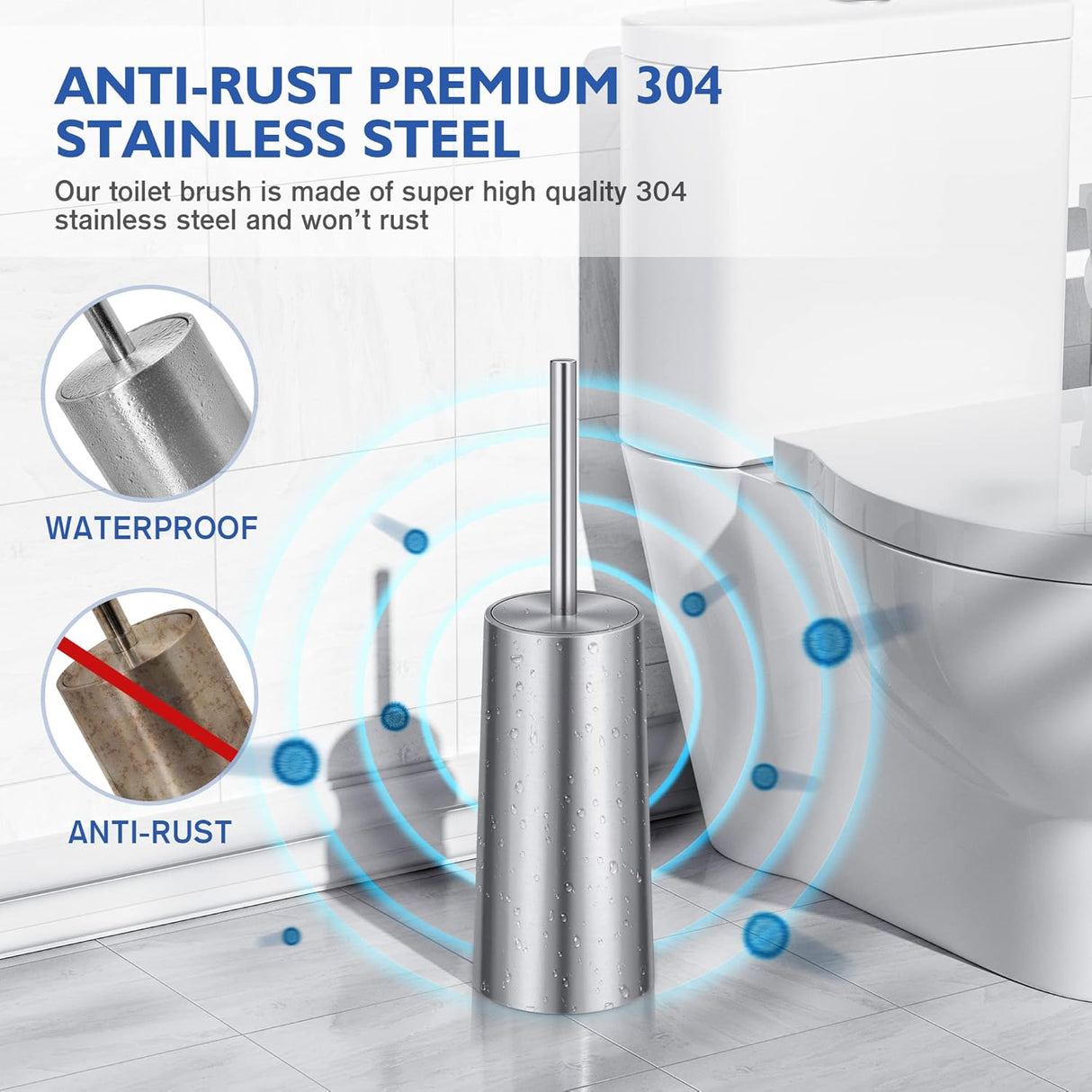 Stainless steel toilet brush lifted from its matching enclosed canister holder
