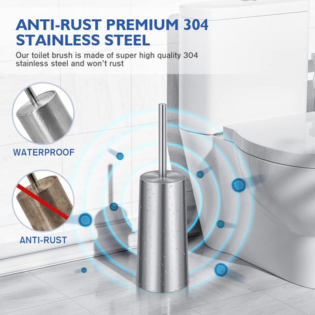 Stainless steel toilet brush lifted from its matching enclosed canister holder
