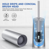 Toilet brush set standing beside a toilet on a tiled bathroom floor