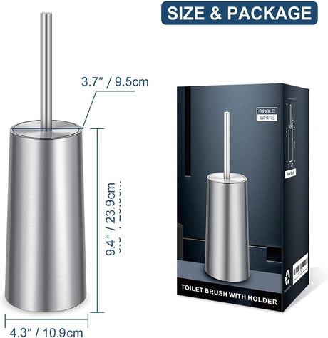 Toilet brush and holder shown with dimensions of 43.2 by 11.2 by 11.2 cm