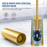 Gold toilet brush set standing next to a toilet in a modern bathroom
