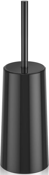 Black stainless steel toilet brush and holder set standing beside a toilet