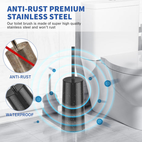 Long stainless steel toilet brush handle lifted from the black lidded holder