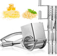 Handheld rotary cheese grater with stainless steel drum, side view