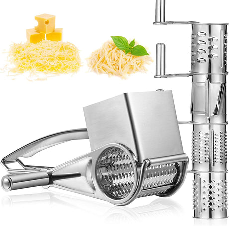 Handheld rotary cheese grater with stainless steel drum, side view