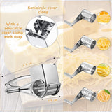 Rotary grater in use shredding hard cheese over a plate