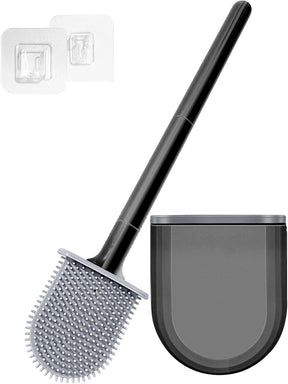 Black silicone toilet brush with detachable handle and wall-mounted holder