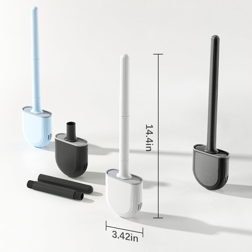 Black silicone toilet brush with detachable handle and wall-mounted holder