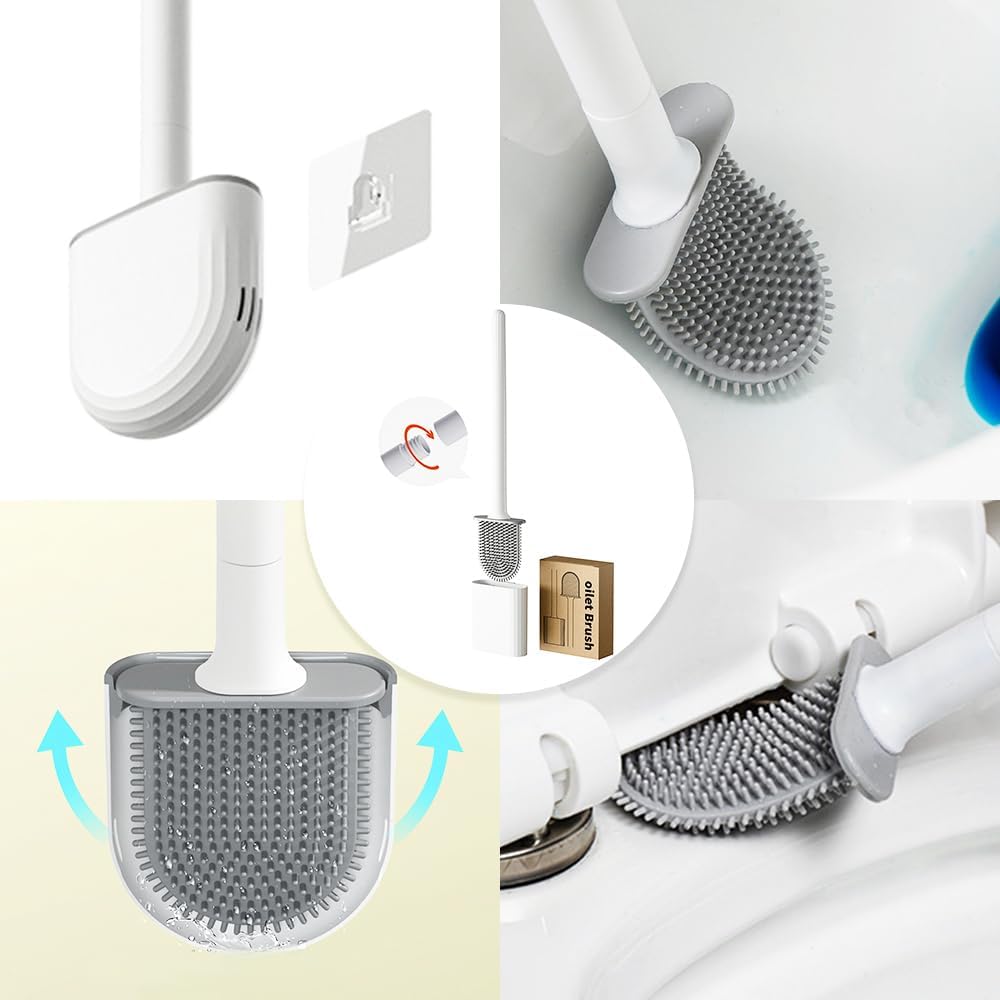 Black silicone toilet brush with detachable handle and wall-mounted holder
