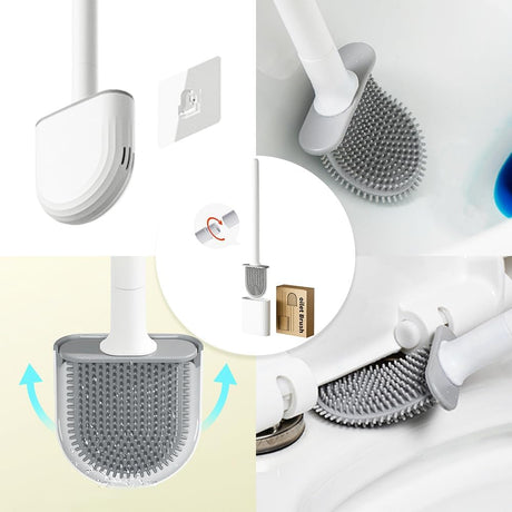 Black silicone toilet brush with detachable handle and wall-mounted holder